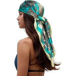 Women's Turquoise Head Scarf Like Silk Printed Square Hair Bandanas 35 Inches